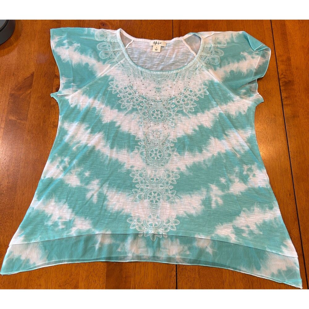 Style & Co Aqua White Embellished Tie Dye Top Large